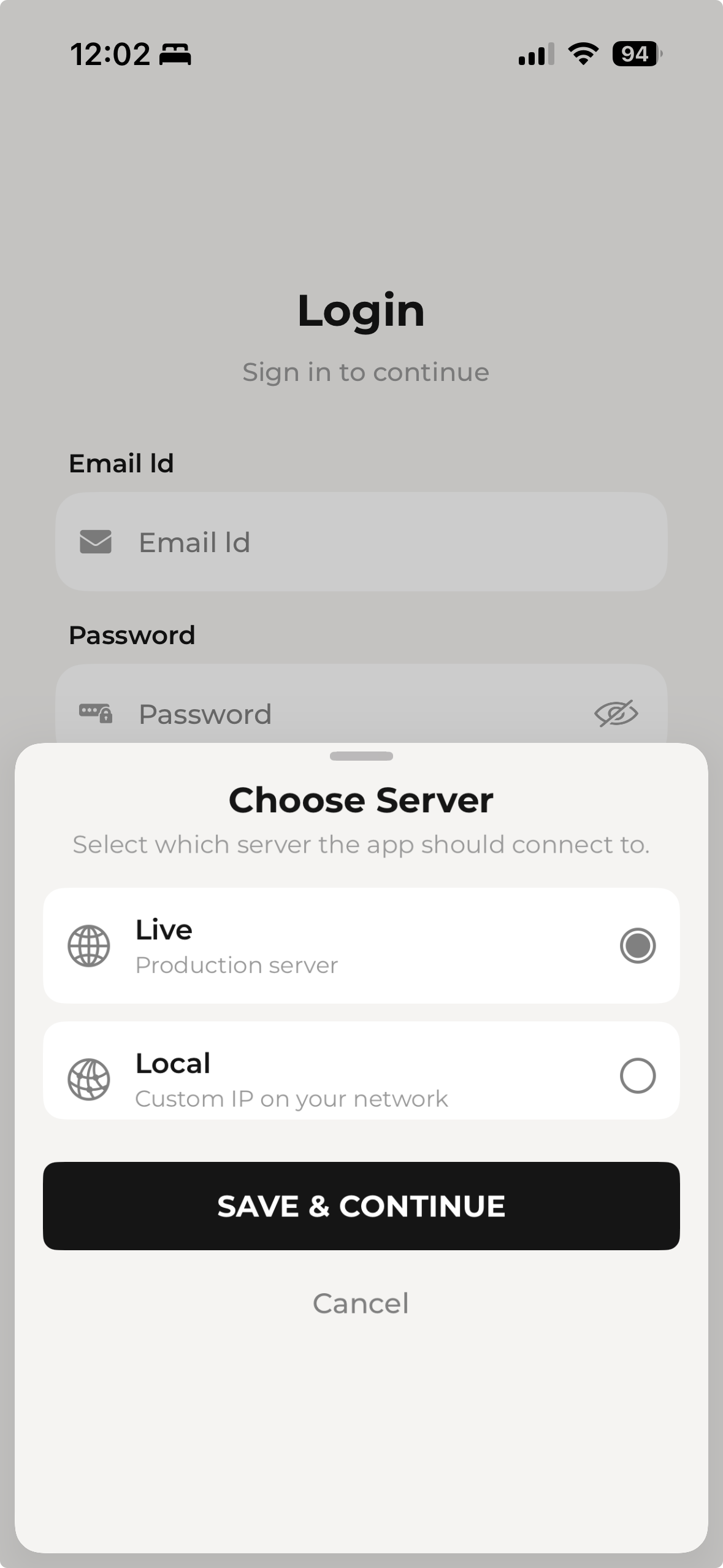 Config App Choose Server sheet with Live and Local options